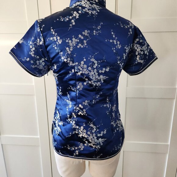 Chinese Silk Brocade Dark Blue White Cherry Blossom Cheongsam Blouse Size Large - Picture 4 of 5